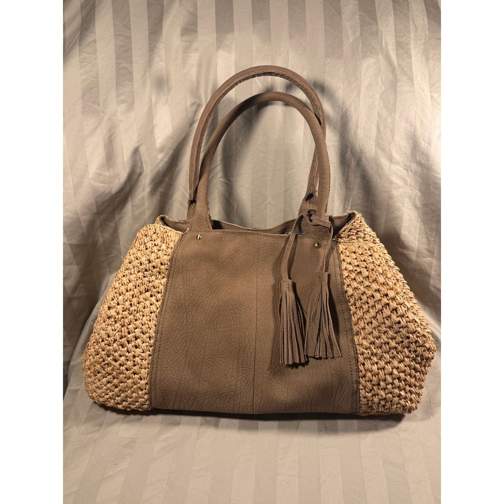 Flora Bella Wrightsville Raffia and Leather Tote Bag Natural Brown Tassel